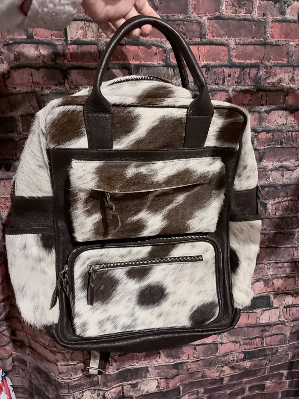 Cowhide Leather Backpack - Brown & White